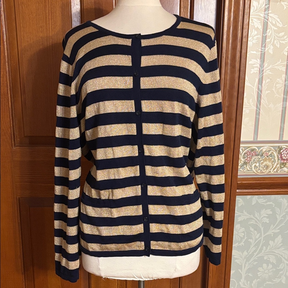 Lauren Ralph Lauren Navy Blue and Gold Striped Cardigan. Size 2X